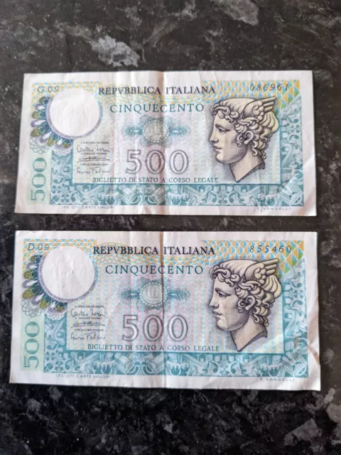 Italy 500 Lira Banknotes x 2. 1974.