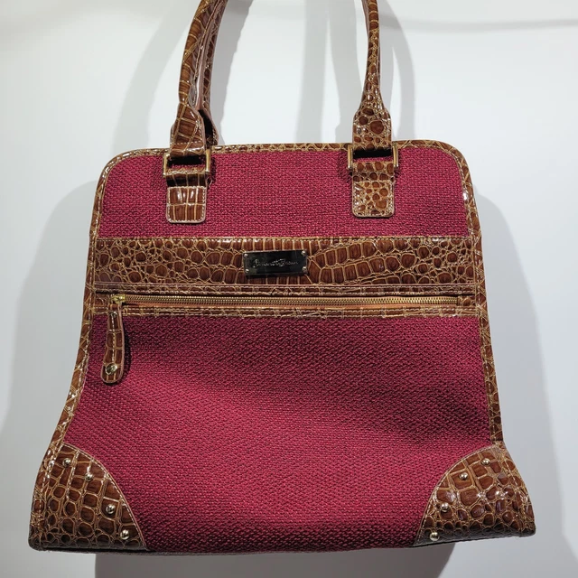 Samantha Brown Burgundy Woven Fabric Brown Croco Embossed Overnight Carry On Bag