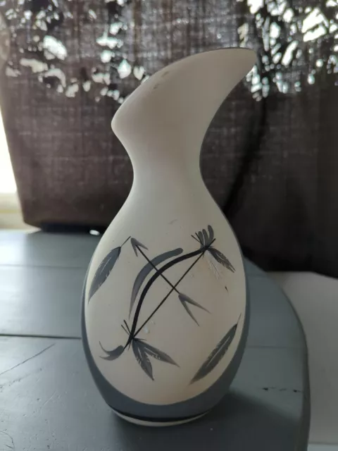 Desert Pueblo Hand Painted Stoneware Pottery Grey Feather vase