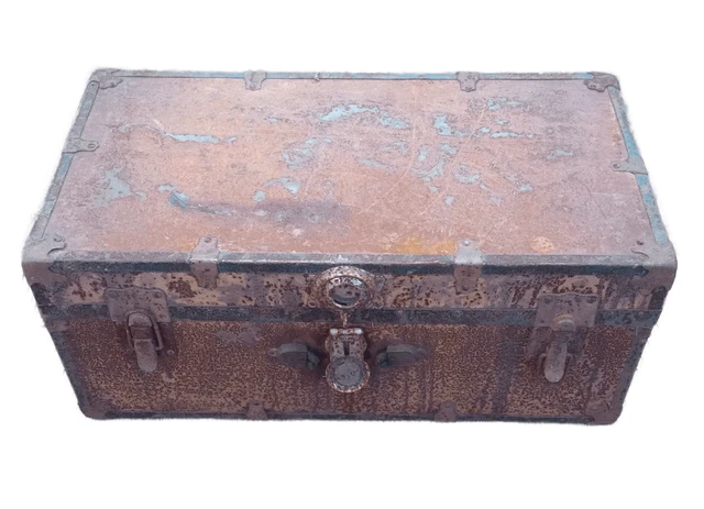 Antique Steam Trunk Original Hardware Metal Nautical Foot Locker Chest we ship$$