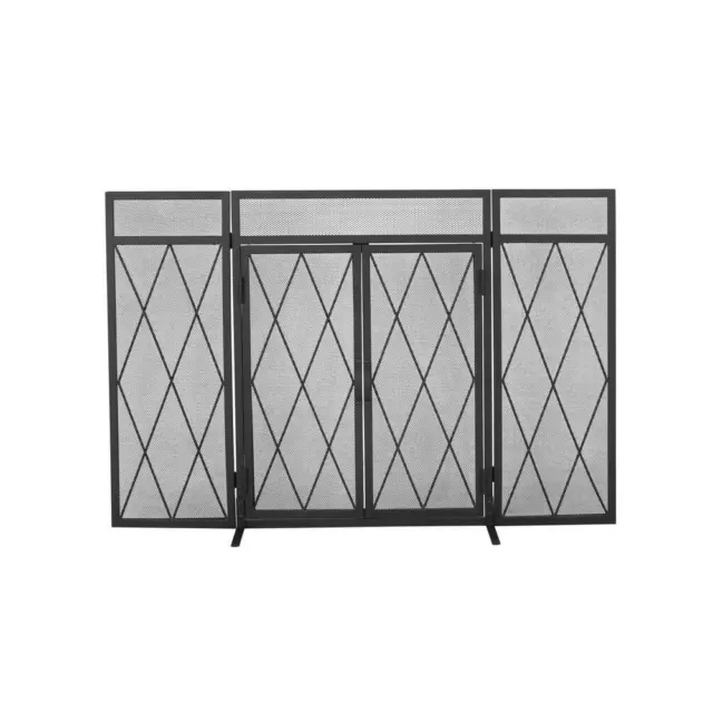 Noble House Fireplace Screen 50" 3-Panel Freestanding Folding Mesh Metal Black