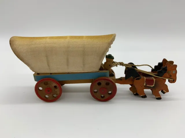 Vintage Antique Hand Made Wooden Mini Horse & Wagon Carriage From Japan