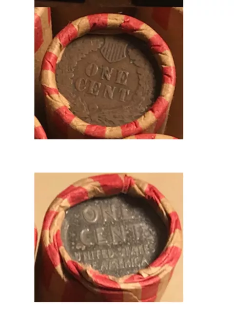 Indian Head Penny Reverse Showing On End Of 50 Coin Wheat Cent Shotgun Roll