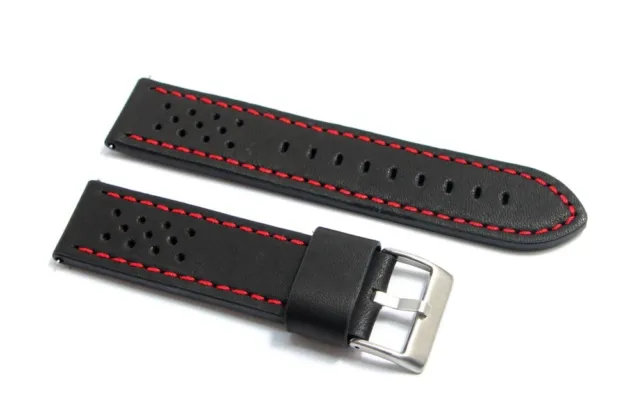 Cinturino per orologio in vera pelle nero cuciture rosse rally racing fori 22mm