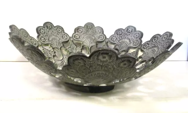 India 9.25i Ornate Metal Bowl Reticulated Lacy Engraved Floral Design Footed Vtg