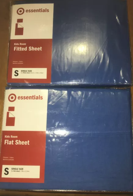 Target Essential Kids Room Single Bed Flat & Fitted Sheet Set SB Royal Blue Navy