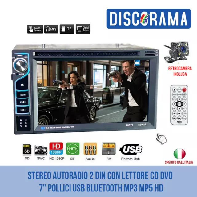 Stereo Autoradio 2 Din Con Lettore Cd Dvd 7" Pollici Usb Bluetooth Mp3 Mp5 Hd