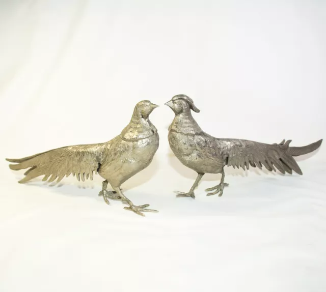 Pair of Vintage Silver Metal Pheasant Bird Menu Figurines Male Female Italy