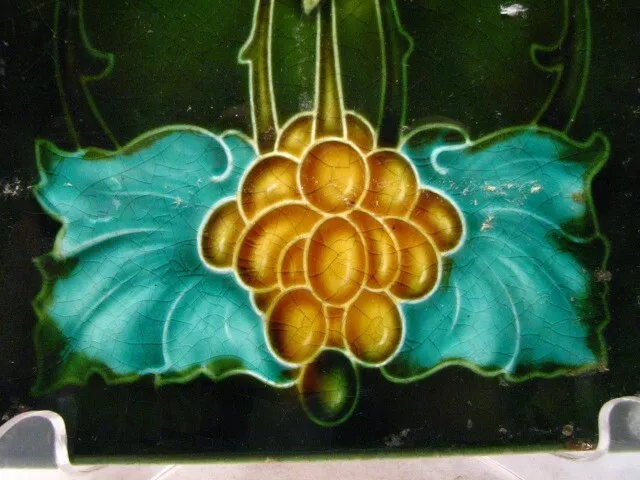 Early Majolica Glazed Ceramic Tile Art Nouveau Ornate Grapes Leaves Garden G 3