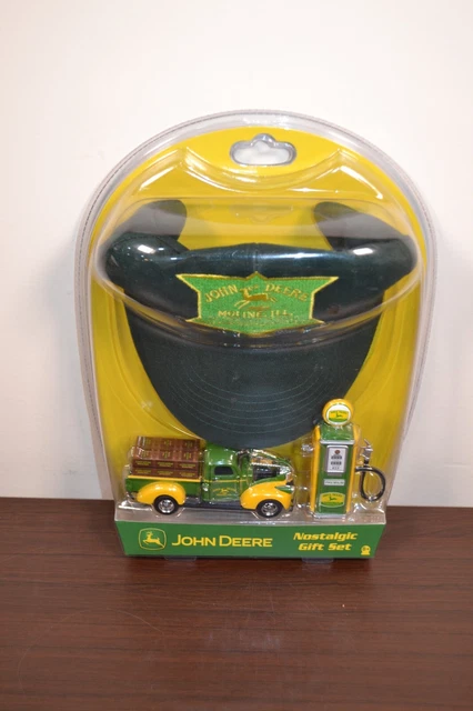 John Deere Nostalgic Gift Set DieCast Pickup Gas Pump and Logo Embroidered Hat