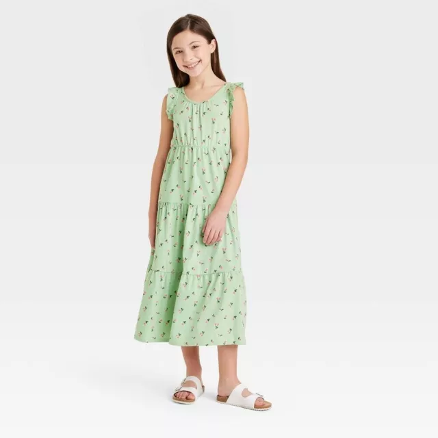 Cat & Jack Girls' Tiered Knit Maxi  Sage Green Cherry Print Dress