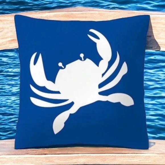Funda de almohada náutica de cangrejo costero gráfico 17,7 in cuadrado clásico azul blanco