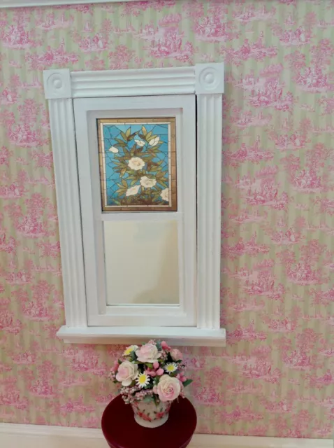 White Flower on Blue Dollhouse  Miniature Victorian  Stained Glass Window film