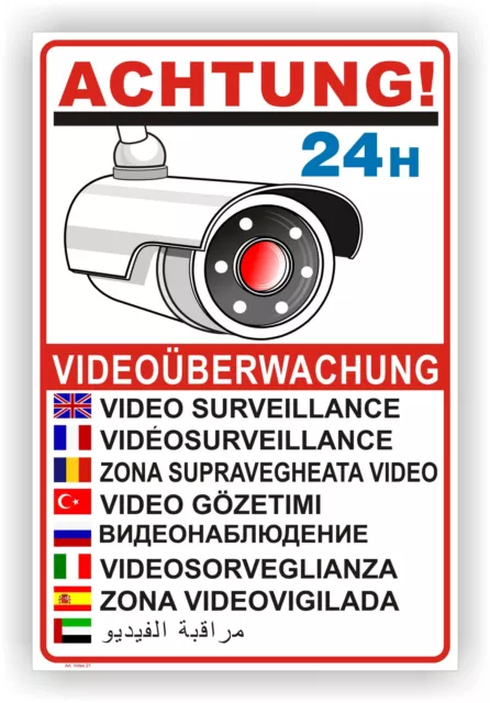 Schild Aufkleber Warnschild Hinweisschild VIDEOÜBERWACHUNG in 9 Sprachen Vi21