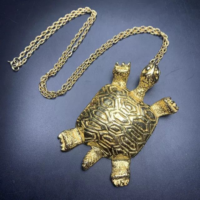 Jeanne Turtle Pendant Necklace Long Gold Tone Big Tortoise Chunky Large Vintage