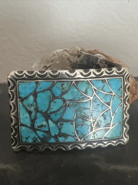 Vintage Old Pawn 1960’s Zuni Sterling Turquoise Fish Scale Inlay Belt Buckle 31g