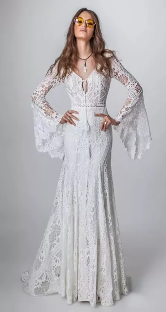 Bohemian V neck Lace Wedding Dresses White/Ivory LongSleeve Backless Bridal Gown 3