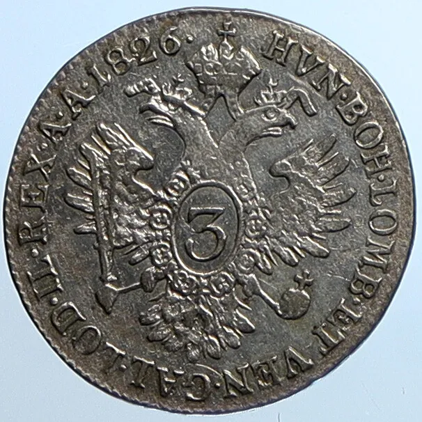 1826 E AUSTRIA King FRANCIS I (II) OLD Habsburg Silver 3 Kreuzer Coin i109791