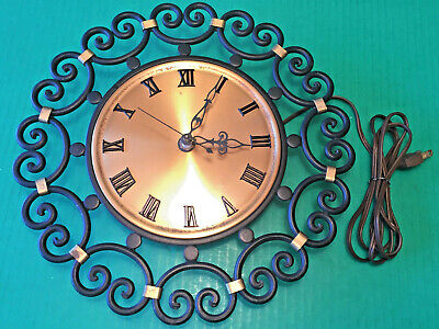 VTG Danish Black Wrought Iron Brass Electric Wall Clock Scroll Art Rustic Finish