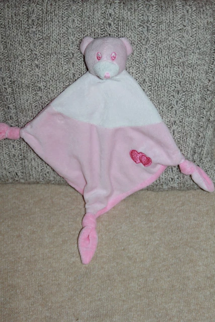 Doudou Ours Souris  Plat Rose  Blanc Coeur 3 Noeud Etat Neuf