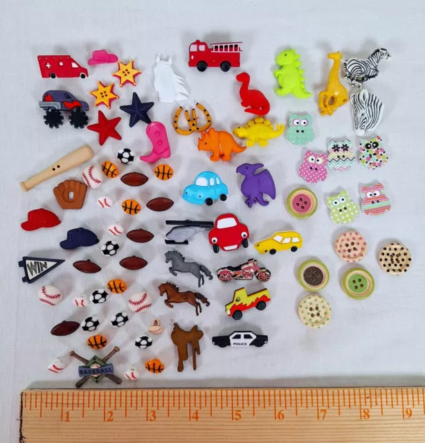 Lot Of 75+ Buttons Mixed Novelty Crafts Figures Sports Owls Cars Horses Dino 2