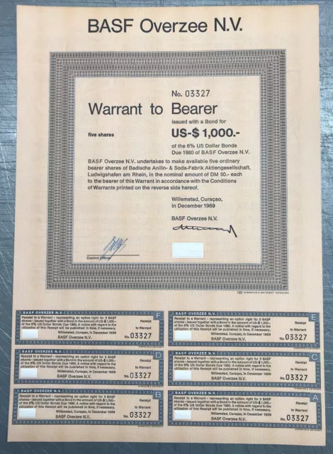 BASF Overzee N.V. * 10 Zertifikate : $1000 Optionsschein 1969 * OS20