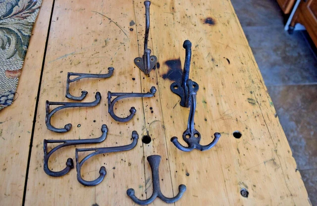 Vintage LOT 9 Cast Iron Wall Coat Farm Hooks Acorn 2 & 3 Hook Antique Primitives