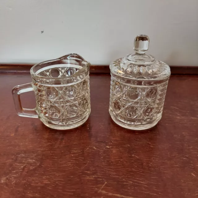 Windsor Cane & Button Pattern Clear Federal Glass Creamer & Sugar Bowl