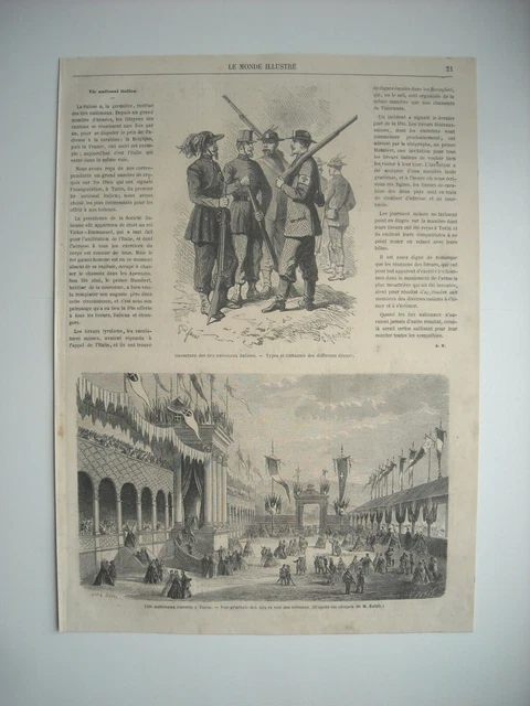 Gravure 1863. A Turin Ouverture Des Tirs Nationaux Italiens. Types Et Costumes..