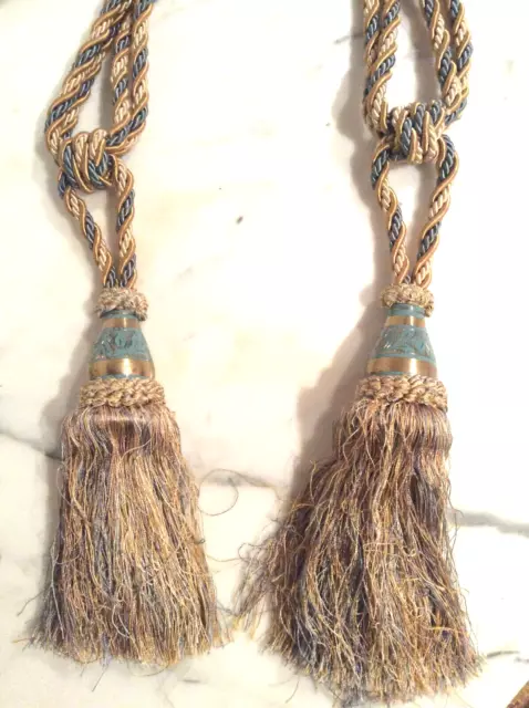 NWOT 1 Pair Painted Brass Turquoise Blue Honey Curtain Tassel Tiebacks Med. 8in
