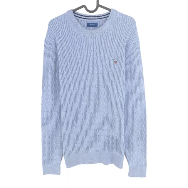 GANT Bleu Clair Coton Câble Tricot Pull Col Rond Pull Taille L