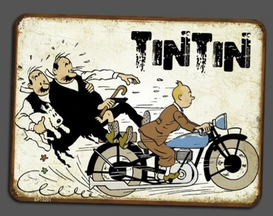 Plaque métal vintage Tintin en moto