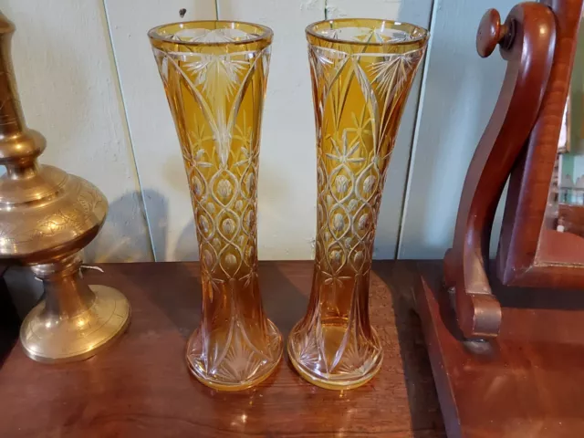 Nice pair large Vintage amber glass overlay vases  VERY GOOD CONDITION