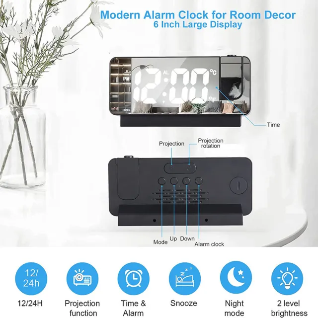 Digital Smart Projection Alarm Clock Snooze Dimmer Ceiling Projector LCD Display 3