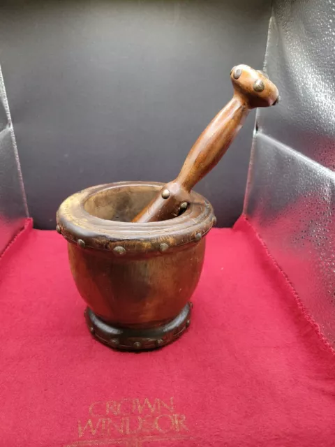 VTG Medieval/Gothic Look Mortar & Pestle Hand Carved  Wood Brass Rivets Spain.