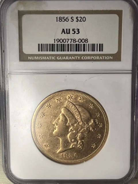 1856-S $20 Gold Double Liberty Gold Eagle NGC AU53