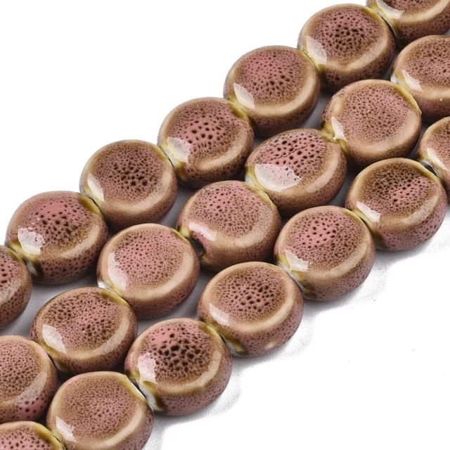Strang handmade 30 cm Keramik Porzellan Perlen Braun Rosa Oval lasiert 12 X 7 mm