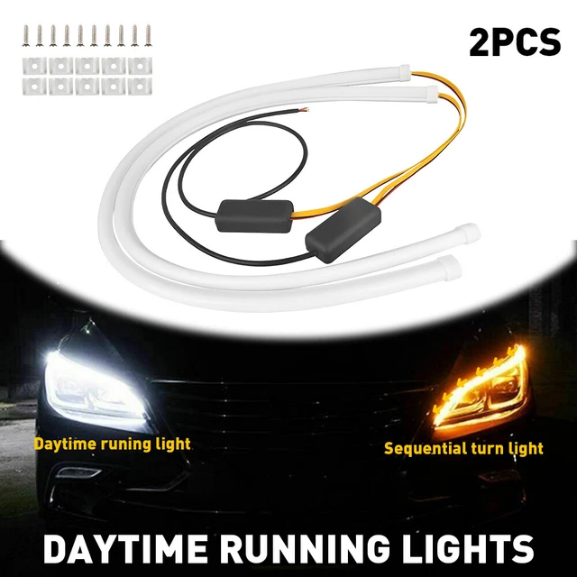 2x 60cm Flexible Amber Turn Signal White Car DRL Daytime Running LED Strip Light