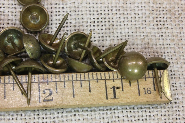 25 old BRASS COLOR TACKS 7/16” Dia vintage upholstery nails domed round heads