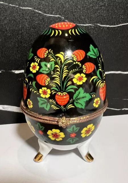 Vintage Porcelain Ceramic Egg Trinket Box Footed Gold Flowers Strawberries Black