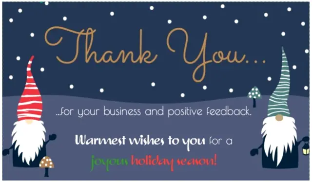 100 Thank You Business Cards Holiday/Christmas Gnomes Glossy Online Sellers