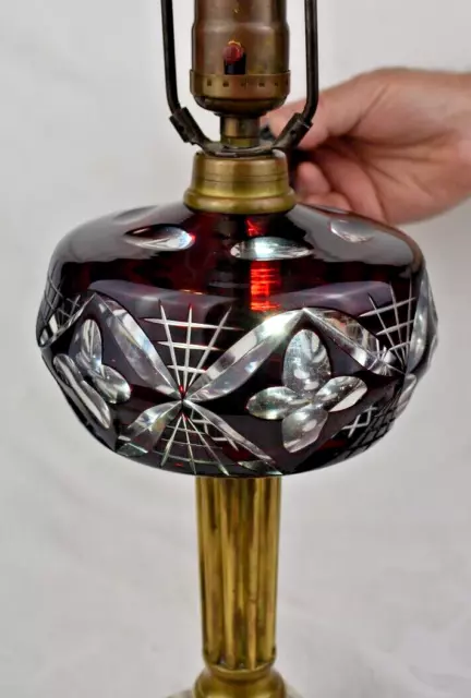 Antique Cranberry Ruby Cut To Clear Crystal Glass Table Lamp Czech? Rare Shape