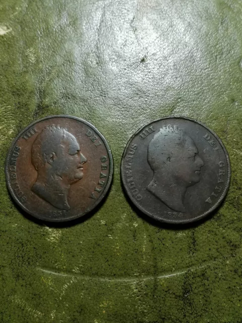 1831, 1834 William llll Pair Of ONE Penny Coins Quite Worn Well Circulated