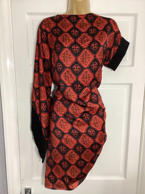 Osman London Red Print Asymetric Kimono Sleeve Dress Size 8 UK One Of A Kind