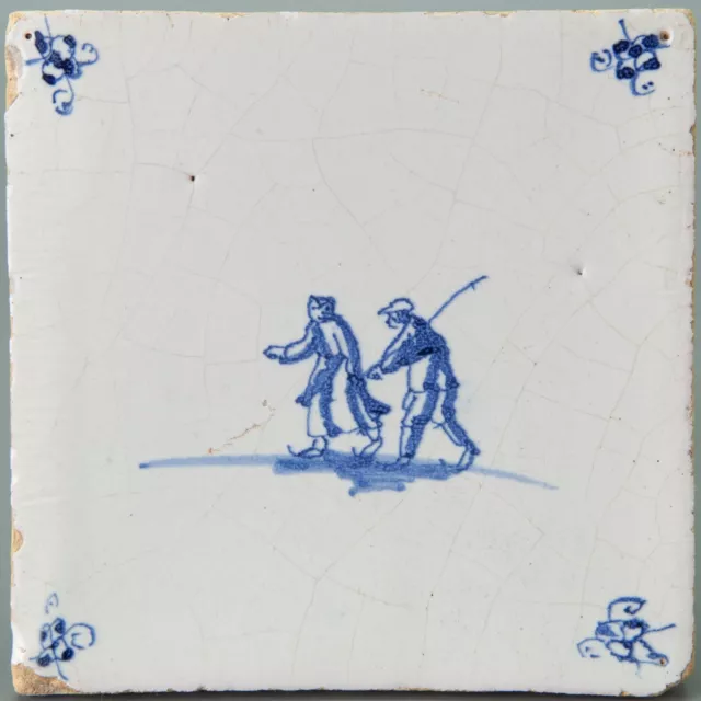 Nice Dutch Delft Blue tile, skaters on ice, late 17th century.