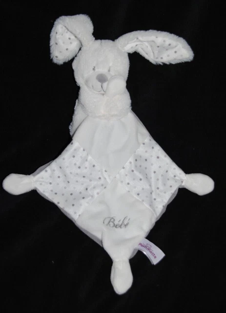 Doudou peluche lapin blanc mouchoir pois gris Bébé  POMMETTE Inter Etat NEUF