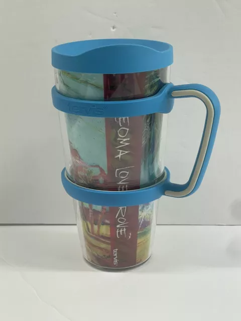 Tervis Tumbler 24oz Leoma Lovegrove Palm Trees Beach With Handle Blue EUC