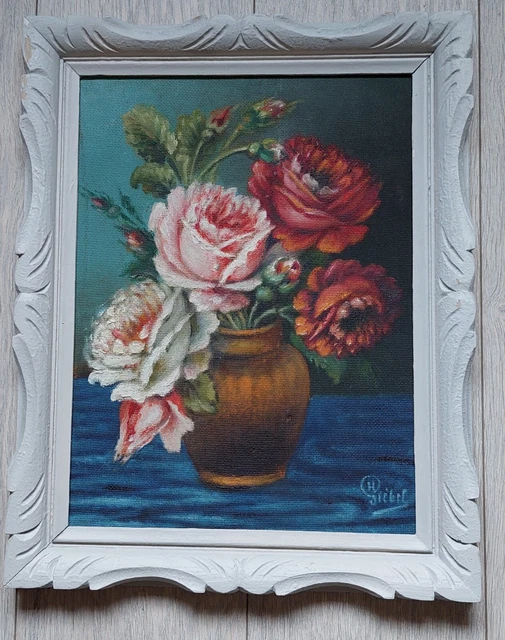 Tableau Bouquet De Roses- Huile Sur Bois Isorel-Cadre Montparnasse- A Identifier