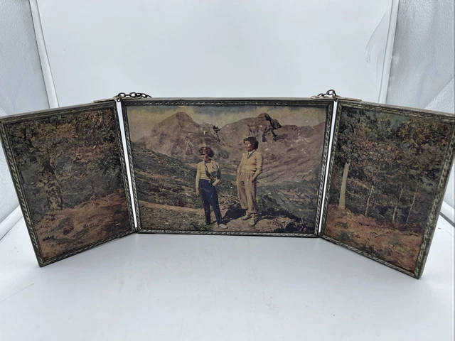 ANCIEN MIROIR TRIPTYQUE de salle de bain à chainette décor paysage