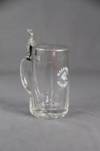 Glaskrug Hasenbräu Augsburg Brauerei um 1900 Deckel graviert